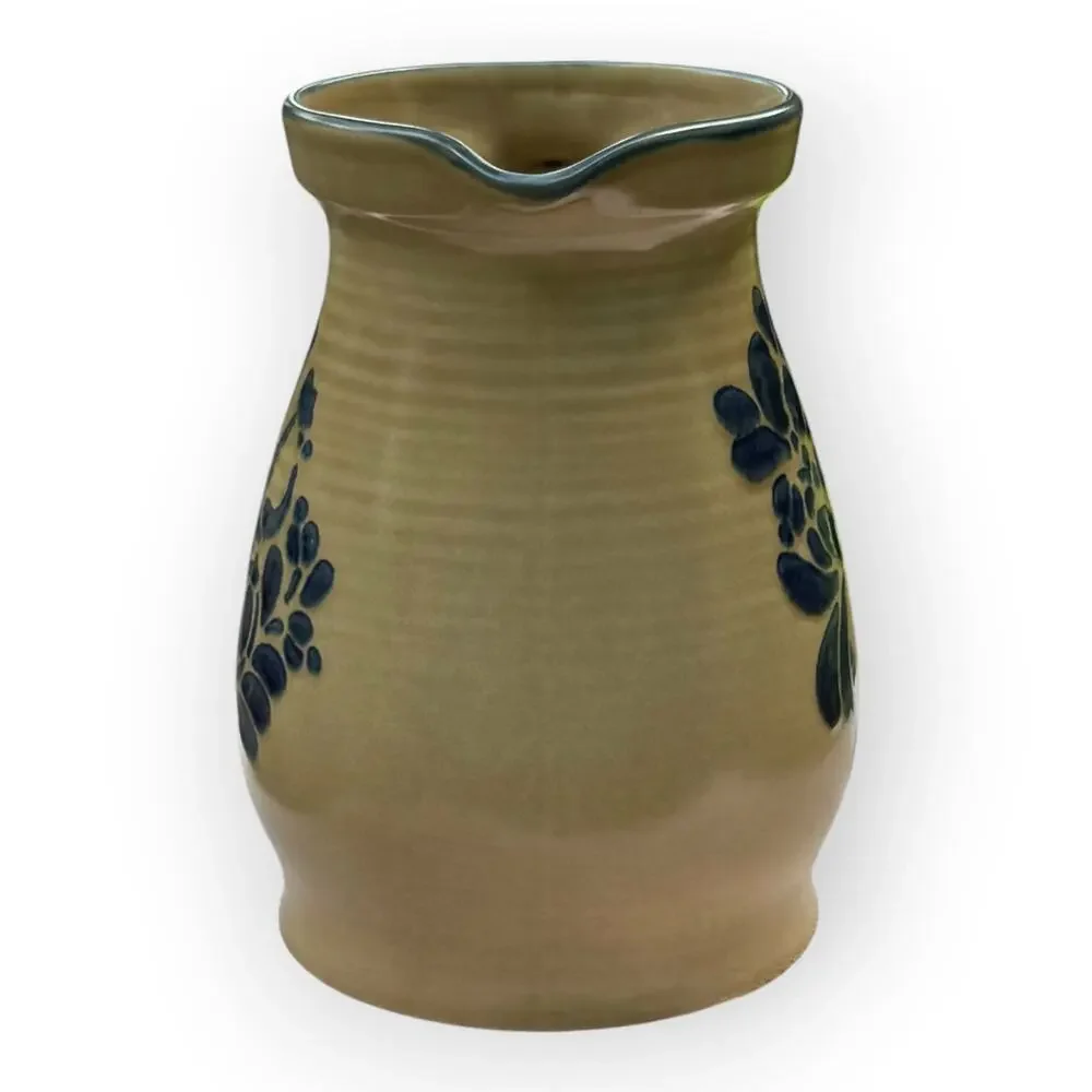 Vintage 80s Pfaltzgraff Tan & Blue Floral Folk Art Stoneware 2.5 Qt Pitcher #416